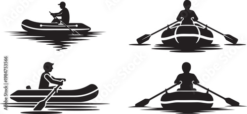 A stark black silhouette depicts a person rowing a small inflatable boat on calm waters silhouette high quality. Inflatable boat on calm waters vector illustration.