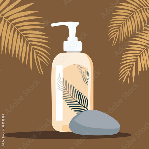 Cosmetic dispenser and stone with botanical elements on brown background