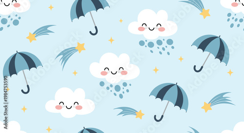 Adorable nursery wallpaper design with smiling clouds, blue umbrellas, shooting stars, and raindrops on a peaceful sky blue base.