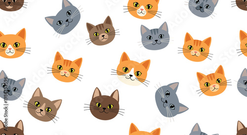 Cute and playful seamless pattern of various cat faces showing different breeds and expressions on a clean white background.
