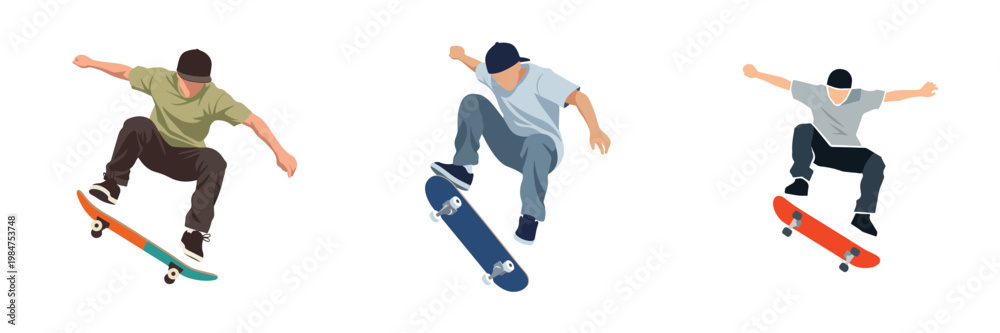 Obraz premium A flat vector design set of a skateboarder doing an 