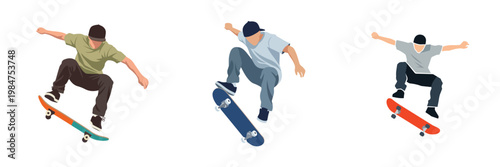 A flat vector design set of a skateboarder doing an "Ollie," simplified shapes, no outlines, street-style aesthetic, isolated on a pure white background.