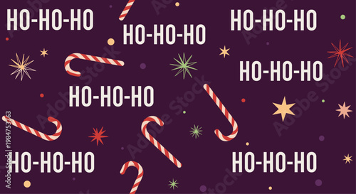 Fun christmas holiday pattern with candy canes, colorful stars, and festive ho ho ho text on a deep purple background.