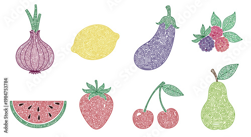 Creative food illustrations of fruits and vegetables decorated with intricate swirl patterns in vibrant primary colors.