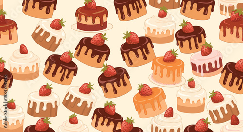 Mouth watering seamless pattern of various strawberry cakes and glazed doughnuts on a warm light beige background for bakery.