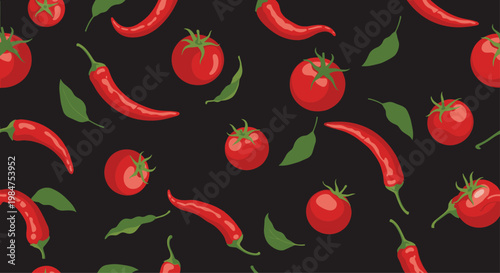 Vibrant seamless pattern of fresh red tomatoes and spicy chili peppers with green leaves on a dark black background for kitchen and food design.