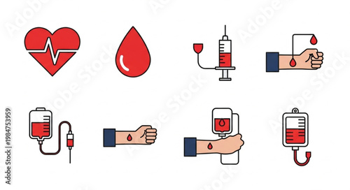 Medical Icons Representing Blood Donation and Health.