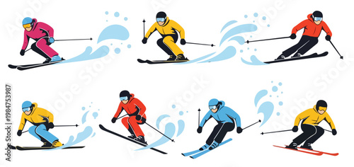 Minimalist flat vector of a downhill skier, simplified snow spray, no outlines, isolated on a pure white background.