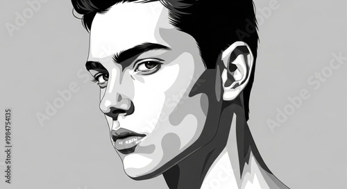 Stylized Monochrome Portrait of Young Male Face.
