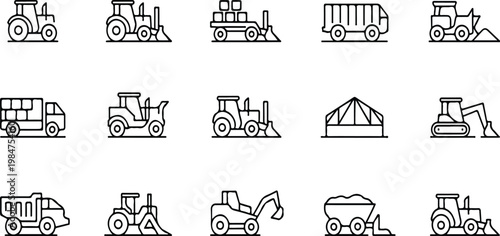 Collection of agricultural machinery and farm vehicle icons in linear style, modern farming industry equipment set in clean vector illustration