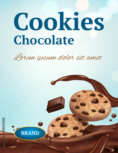 Cookies poster. ads placard with realistic cookies swimming in chocolate milk