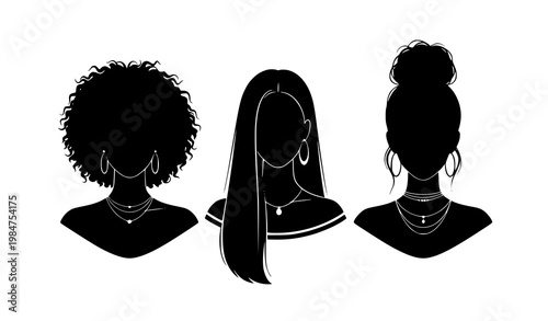 Female silhouettes set with diverse hairstyles and jewelry elegant vector illustration