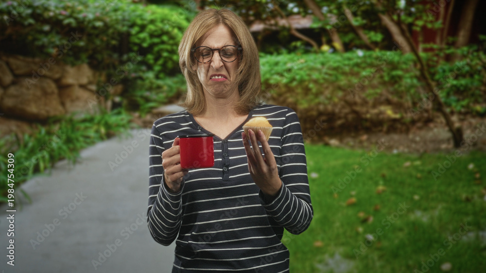 Obraz premium Woman blonde in striped shirt holding red mug and muffin wrinkles nose and grimaces while inspecting muffin on street path; disgust morning routine.