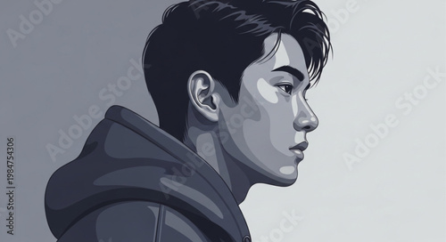 Stylized digital side profile portrait of young man in hoodie.