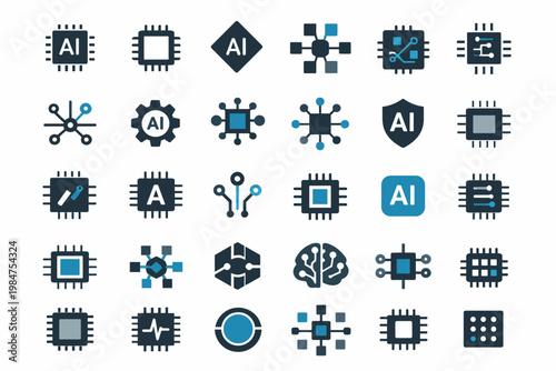 Modern Artificial Intelligence Chip and Processor Vector Icons Collection, Technology Hardware and Digital System Illustration Set