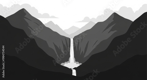 Tall Mountain Waterfall Cascading Between Steep Peaks.