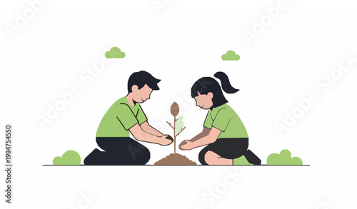 Environmental protection kids planting tree flat vector eco education concept illustration