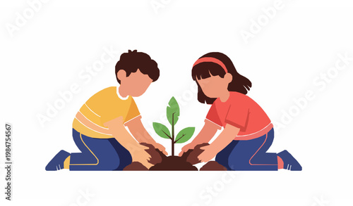 Cute children planting tree environmental protection flat vector illustration eco teamwork concept