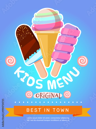 Kids menu. poster design with ice cream illustrations. placard with place for text