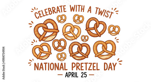 Beige pretzel twists arranged in neat rows across the top, with a header reading “CELEBRATE WITH A TWIST” and the larger text “NATIONAL PRETZEL DAY”, 8k image
