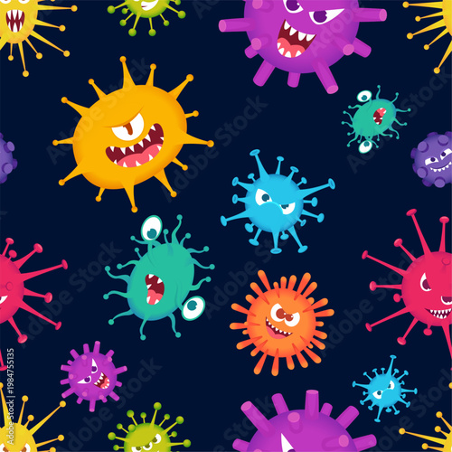 Viruses. seamless pattern design with bacteria and viruses with emotional faces