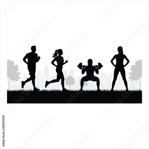 Four people exercising outdoors in a park with cityscape background