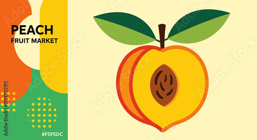 Fresh cut peach fruit with green leaves on top  healthy food illustration