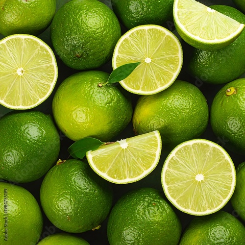 Limes abound. Fresh green citrus fruit. Slices with juicy pulp and whole limes in a vibrant textured pattern