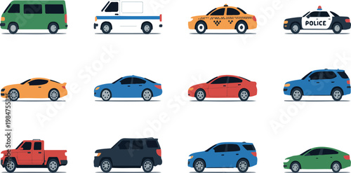 Car icons collection in flat style featuring urban city vehicles, transport concept with different automobile models isolated on white background vector illustration