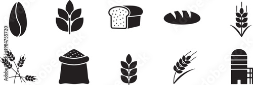 A collection of black and white icons representing grains and baking. The icons depict wheat, barley, coffee beans, bread, flour, and a barn.