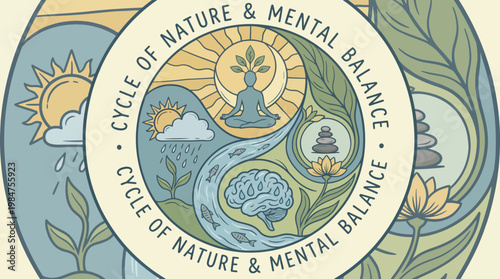 Cycle of Nature and Mental Balance: A harmonious composition depicting the interplay between nature and mental equilibrium, featuring elements symbolizing the cyclical nature of life and well-being.