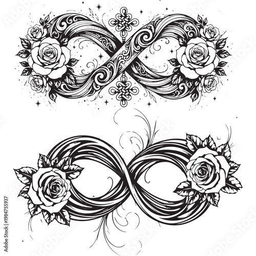 Cuadro en lienzo Set of Two Infinity Rose Designs for Tattoo and Wedding Invitations