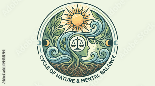 Cycle of Nature & Mental Balance Illustration: A captivating circular illustration symbolizing the harmony between nature and mental well-being, featuring intertwined elements representing balance.