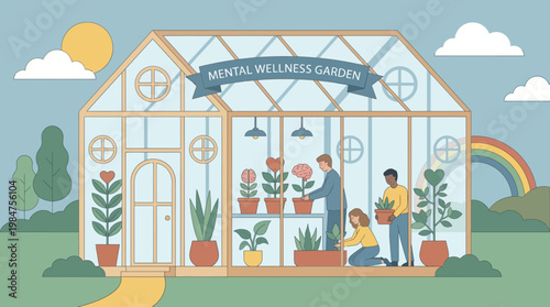 Mental Wellness Garden: A visual metaphor of mental well-being, depicting a serene scene of people tending to plants within a greenhouse setting, symbolizing growth, care.