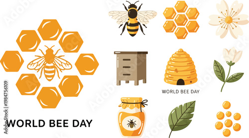 World Bee Day Graphic Elements Set with Honeycomb, Beehive, and Flowers