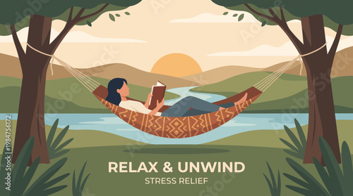 Serene Solitude: A woman finds peace, absorbed in a book while gently swaying in a hammock, beneath the shade of trees, a perfect scene of relaxation.