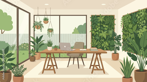 Green Workspace Sanctuary: A light-filled office space flourishing with an abundance of indoor plants and large windows, fostering a sense of harmony and productivity.