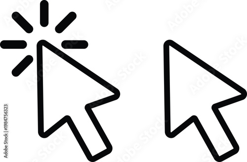 Black outline and white computer mouse cursor with click effect white fill