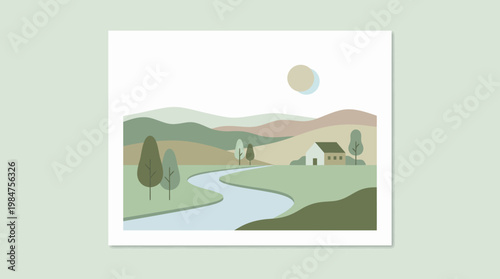 Serene Countryside Illustration: A tranquil illustration showcases a picturesque landscape with rolling hills, a winding river, and a quaint cottage, evoking a sense of calm and natural beauty.