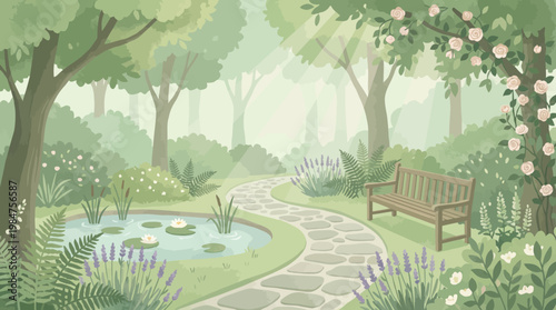 Serene Garden Path: A peaceful garden path leads the eye through a tranquil garden scene, complete with a reflective pond and a comforting bench, perfect for contemplation.