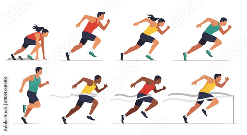 A clean flat-style vector depiction of a runner sprinting at full speed, featuring simplified geometric forms, no outlines, set against a plain white background.