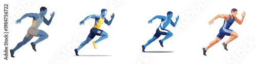 A minimalist flat vector illustration set of a sprinter in motion, captured mid-stride with dynamic posture, composed of clean and simple shapes, without outlines, isolated on a pure white background.