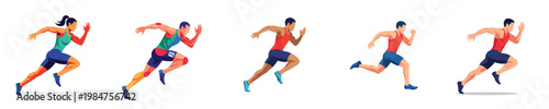 A minimalist flat vector illustration set of a sprinter in motion, captured mid-stride with dynamic posture, composed of clean and simple shapes, without outlines, isolated on a pure white background.