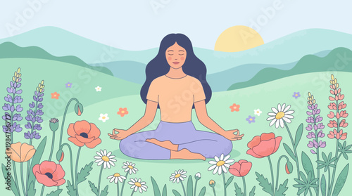Serene Meditation in Bloom: A woman finds inner peace through meditation amidst a vibrant, flower-filled meadow under a warm sun, embodying tranquility and connection with nature.