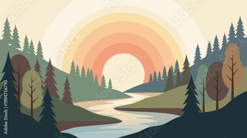Serene River Landscape: A vibrant illustration showcasing a tranquil river winding through a lush forest under a radiant sunrise. Embracing natural beauty and serenity.