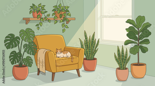 Cozy Cat Corner: A serene indoor scene unfolds, with a comfortable armchair acting as a cozy haven for a resting cat, surrounded by vibrant greenery and bathed in natural light.