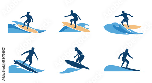 A simple flat-style vector showing a longboard surfer enclosed in a stylized round wave, using blue ocean and beige sand hues, no outlines, on a plain white backdrop.