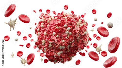 Canvas Print 3D illustration of a blood clot formation with red blood cells trapped in a fibrin mesh on white background