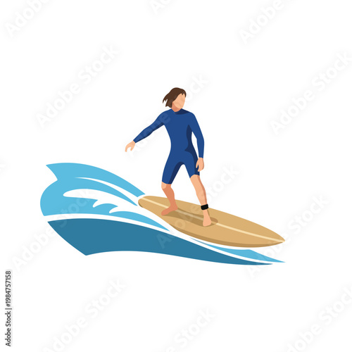 A simple flat-style vector showing a longboard surfer enclosed in a stylized round wave, using blue ocean and beige sand hues, no outlines, on a plain white backdrop.