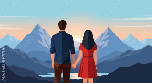 Couple Holding Hands Admiring Mountain Landscape.